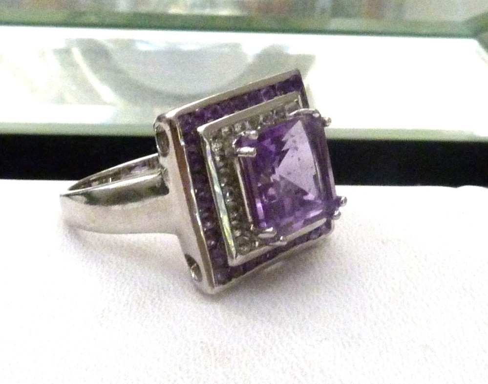 DESIGNER TC 5.62 ASSCHER AMETHYST HALO WHITE ZIRCON STERLING SILVER RING SZ 10
