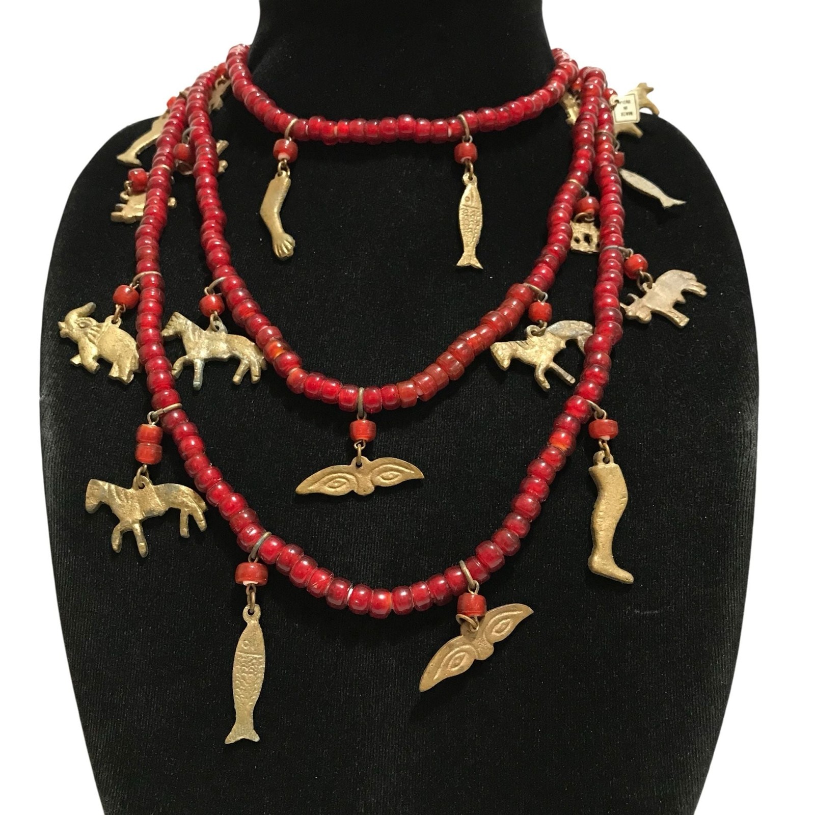 Vintage Chachal Red Glass Bead Necklace Brass Animal Charms 56” Strand India