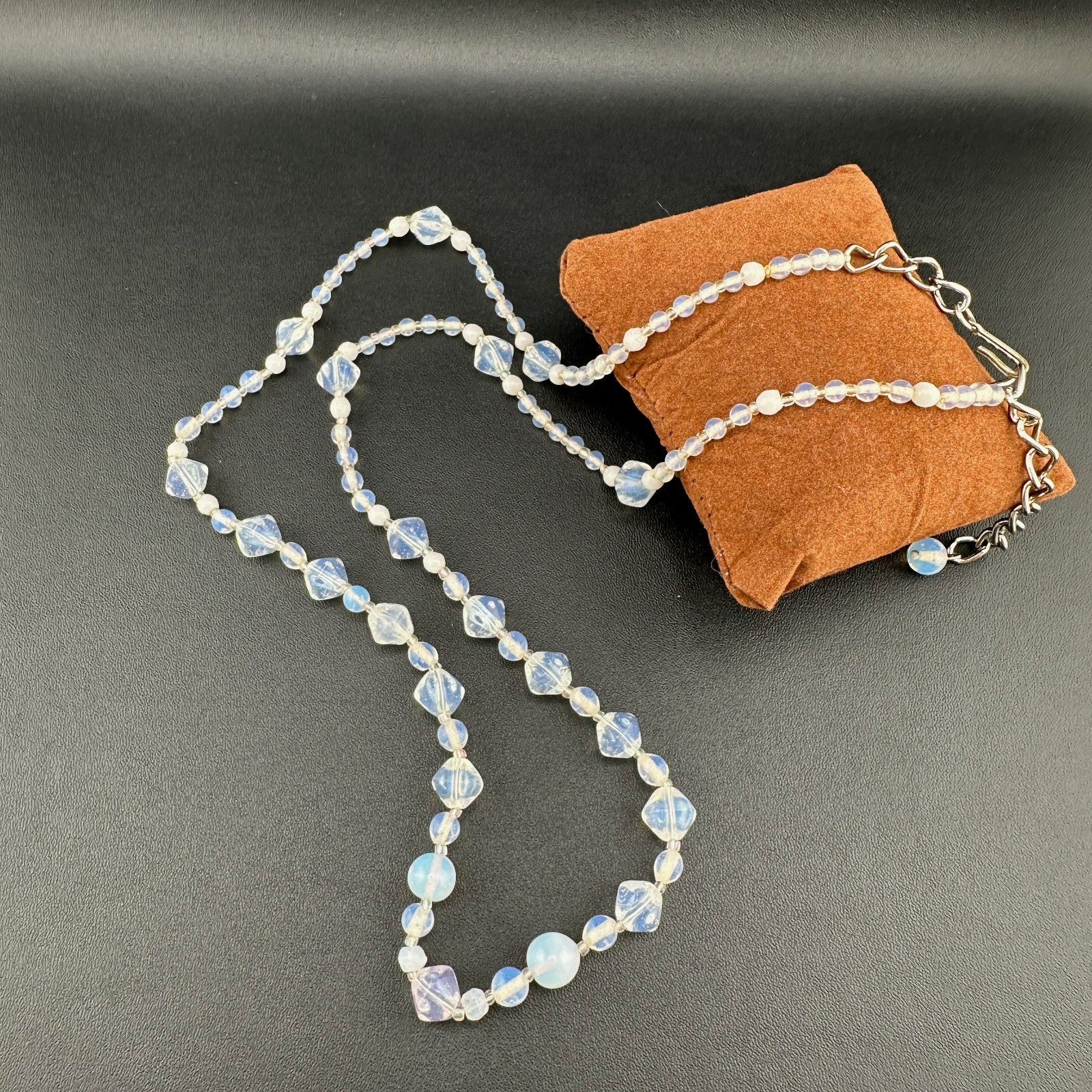 Vintage Opalite Glass Bead Necklace 31″ Faceted Round Hook Clasp Adjustable