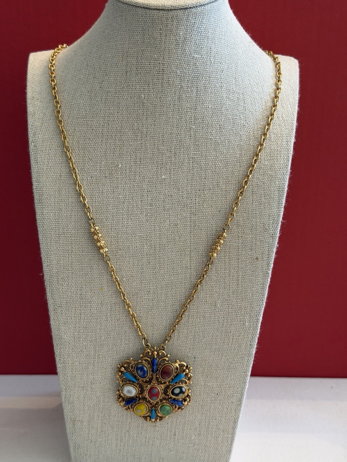 Vtg. Florenza Ornate Gold Tone Multi Color Cabochon Pendant Necklace 24” BinR