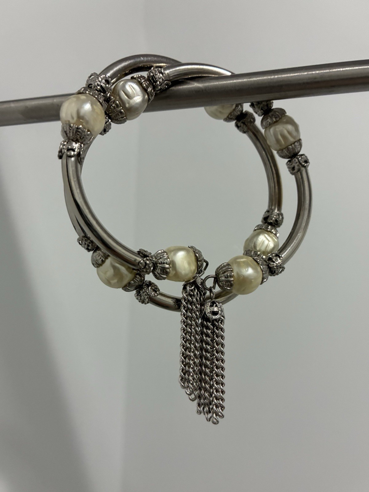 Vintage wrap around silver tone bracelet with Faux pearls and chain tassels 15”