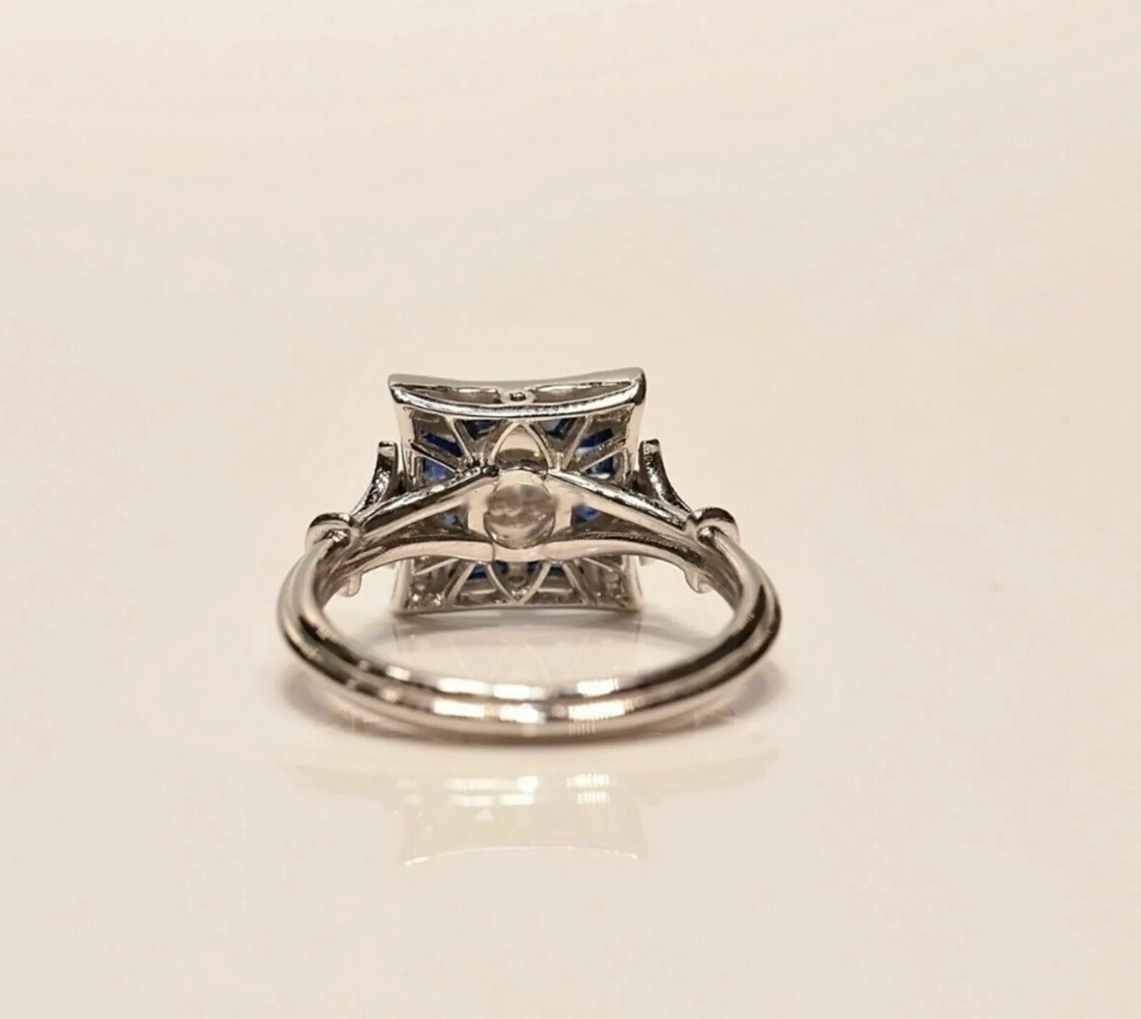 Vintage Art Deco Round Moissanite & Sapphire 14K White Gold Finish Wedding Ring