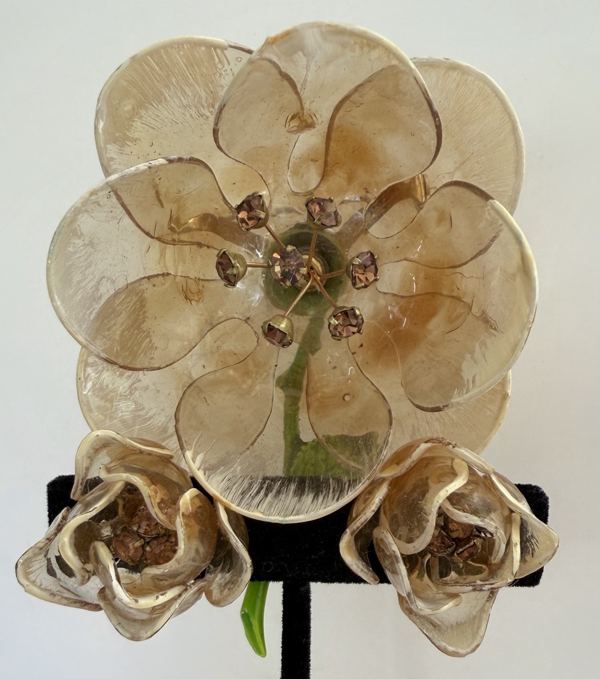 Cellulose Acetate Rhinestone Flower Brooch Earring Set Amber Demi Parure 50s Lot