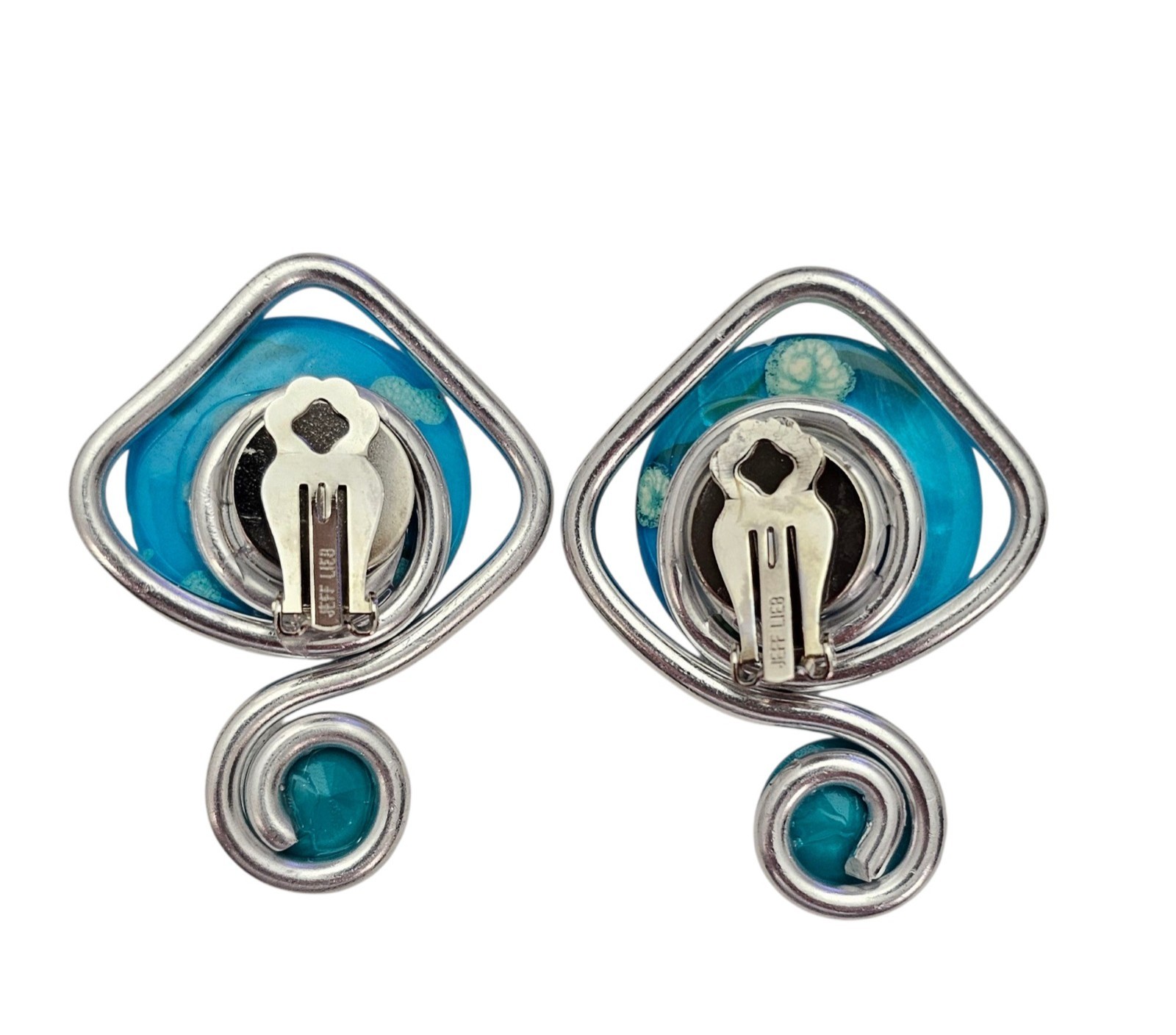 Jeff Lieb Blue Flat Bead Modern Clip On Earrings Rivoli Rhinestone, Signed