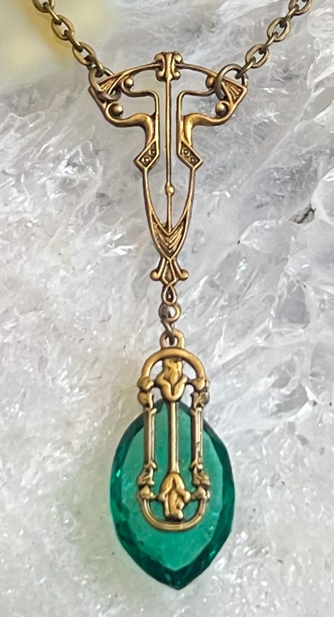 Vintage Necklace Art Nouveau Lavalier Brass Pendant Green Antique Czech Glass