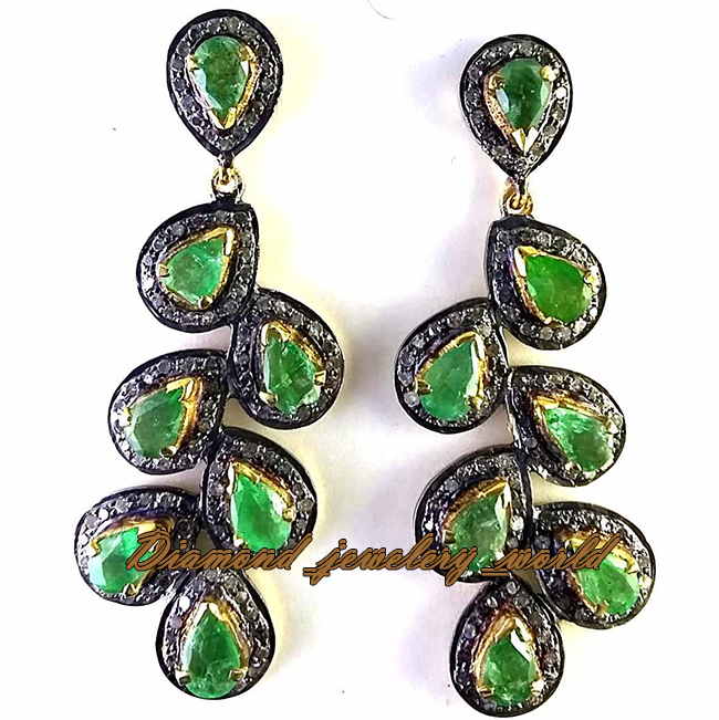 Gorgeous 2.05ctw Rose Cut Diamond Emerald Studded Silver Vintage Earring Jewelry