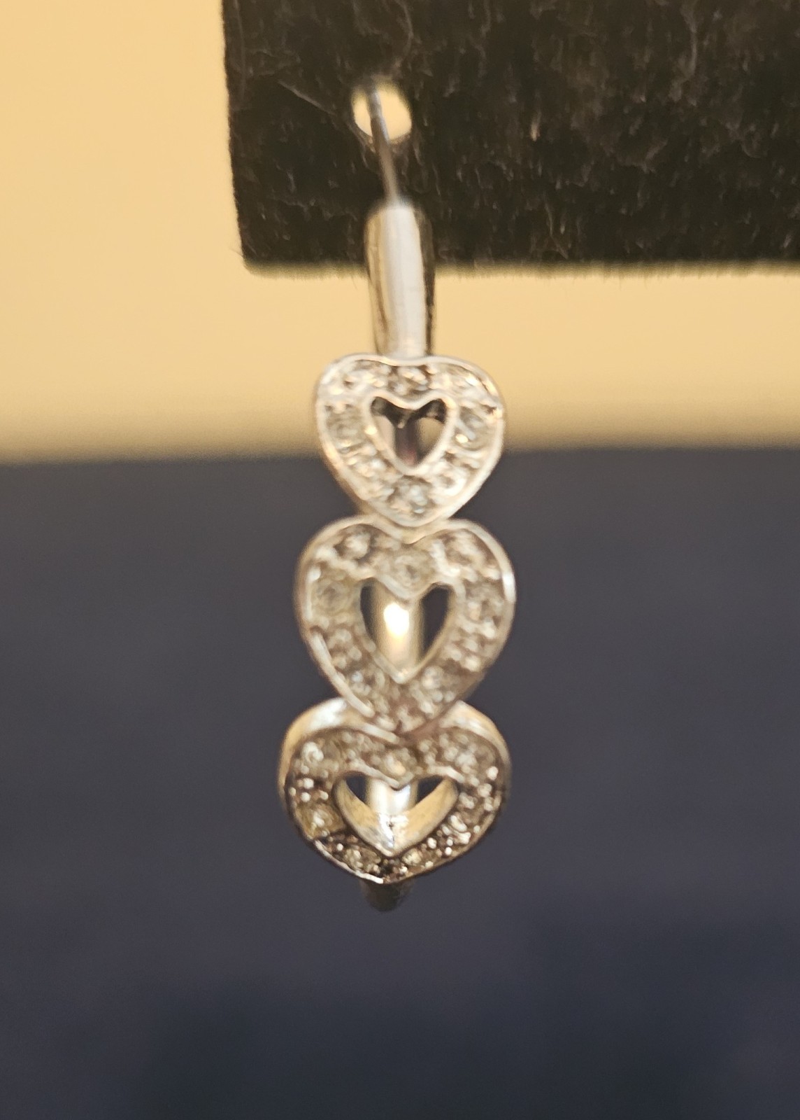 Silvertone Triple Heart Hoop Rhinestone Earrings Pierced Signed N A