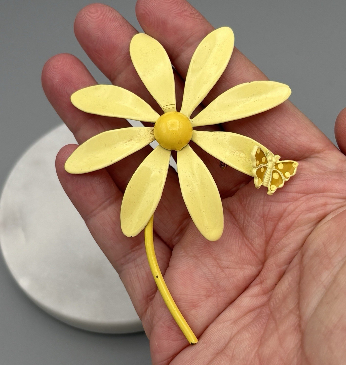 Vintage Enamel Flower Brooch with Butterfly Cheery Yellow Statement PIn