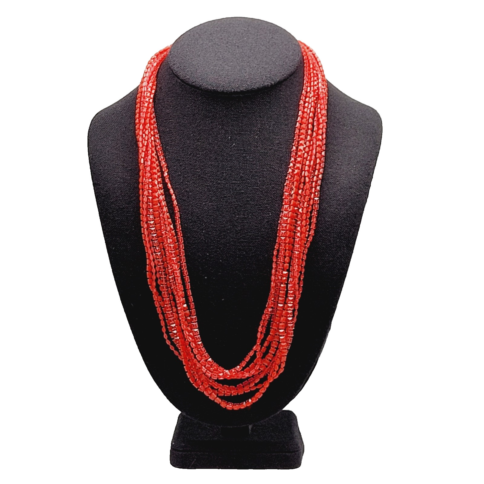 Vintage Red Multi Strand Plastic Square Beaded Solid & Clear Bead Necklace 48 In