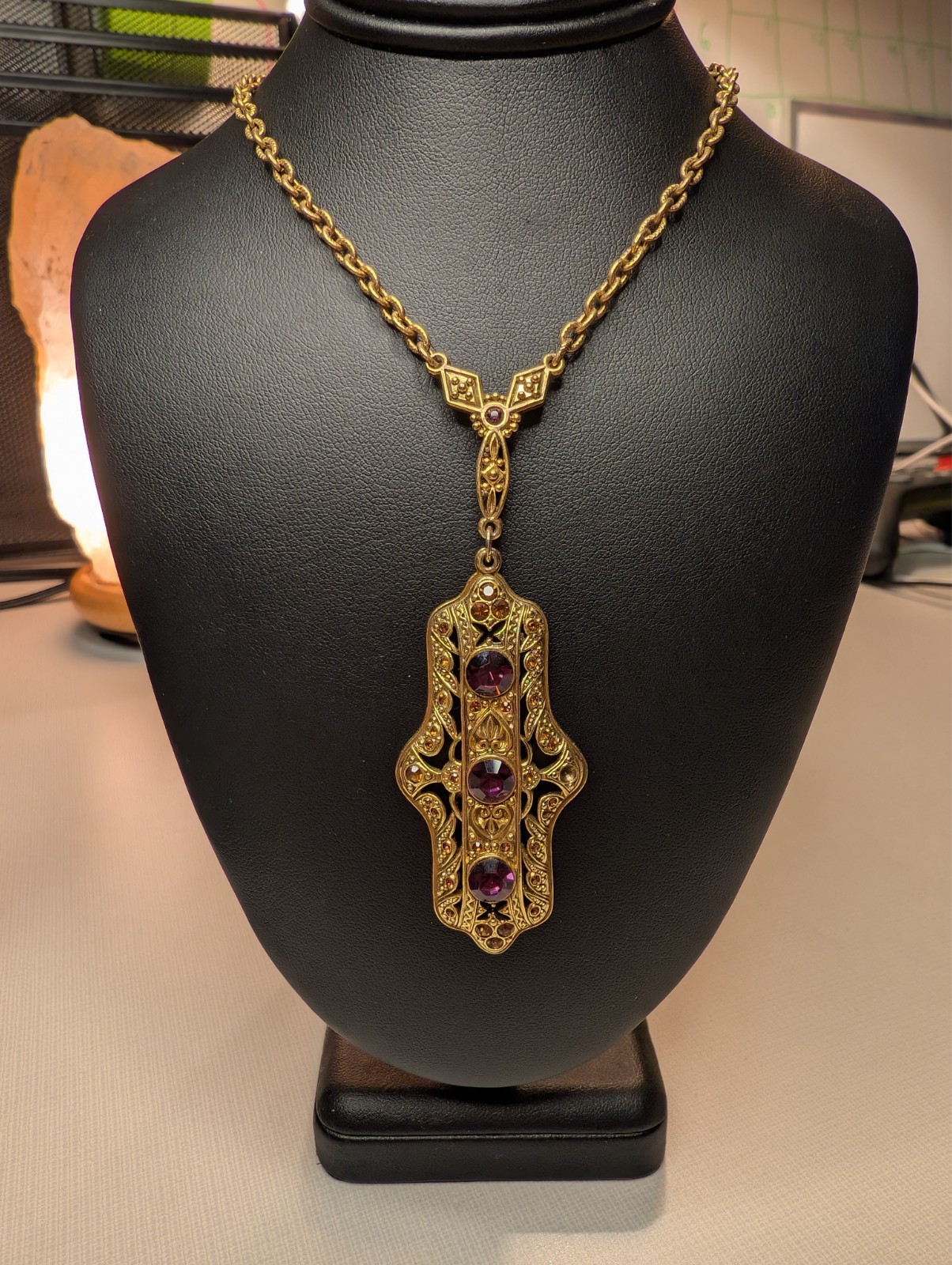 Vtg EDGAR BEREBI Limited Edition Pendant NECKLACE Amethyst & Topaz COLORED Glass