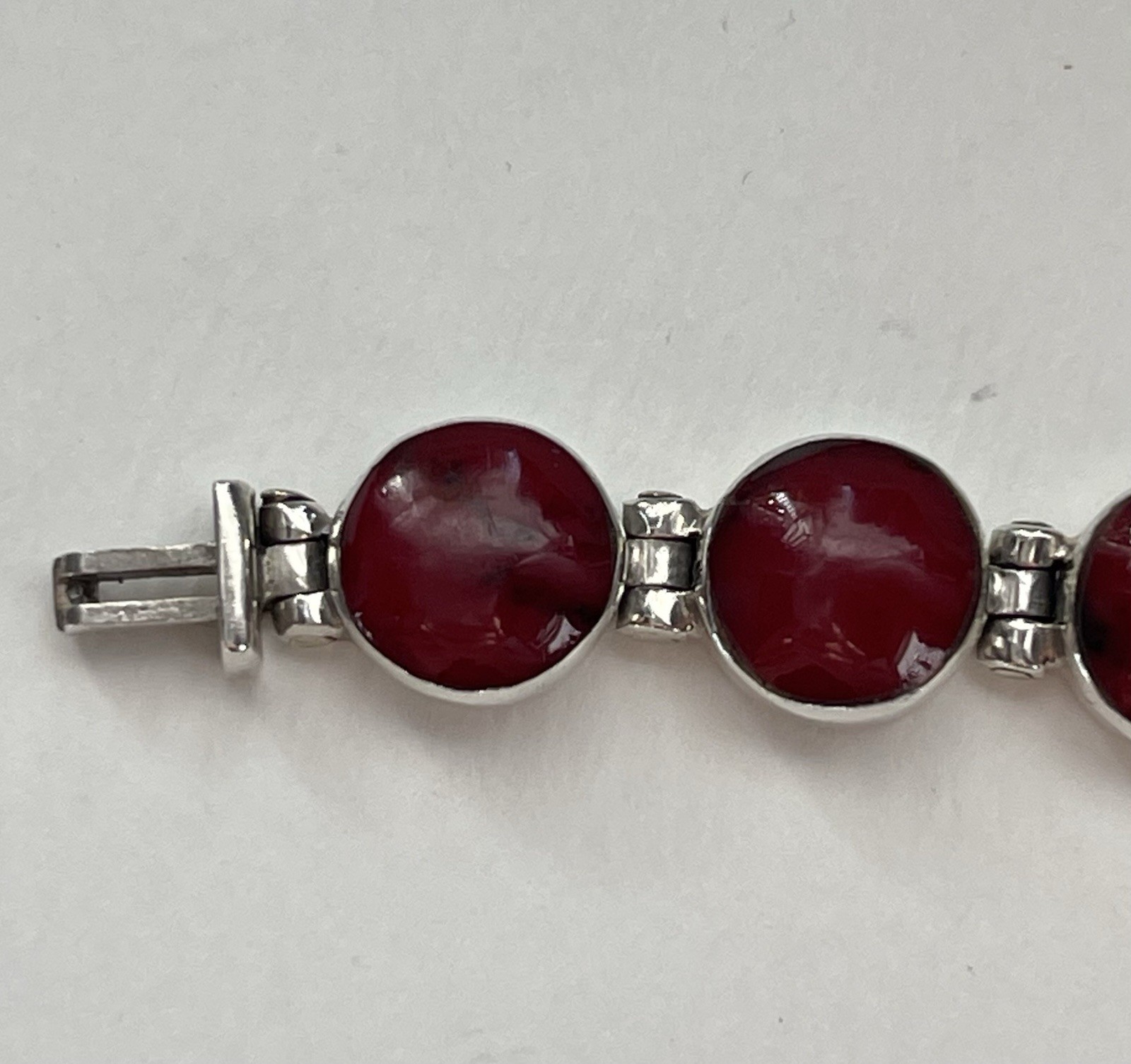 Vintage Sterling Silver Taxco Mexico 950 Red Jasper Hinged Links Bracelet 30g 7”