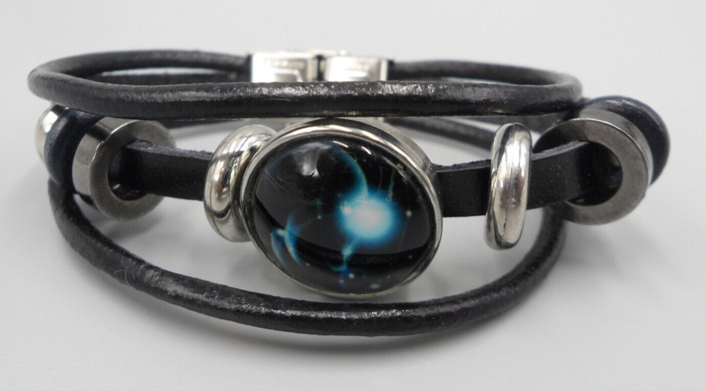 Galaxy Solar System Wrap Bracelet Leather Hematite Wood Stainless Steel Vtg 8″
