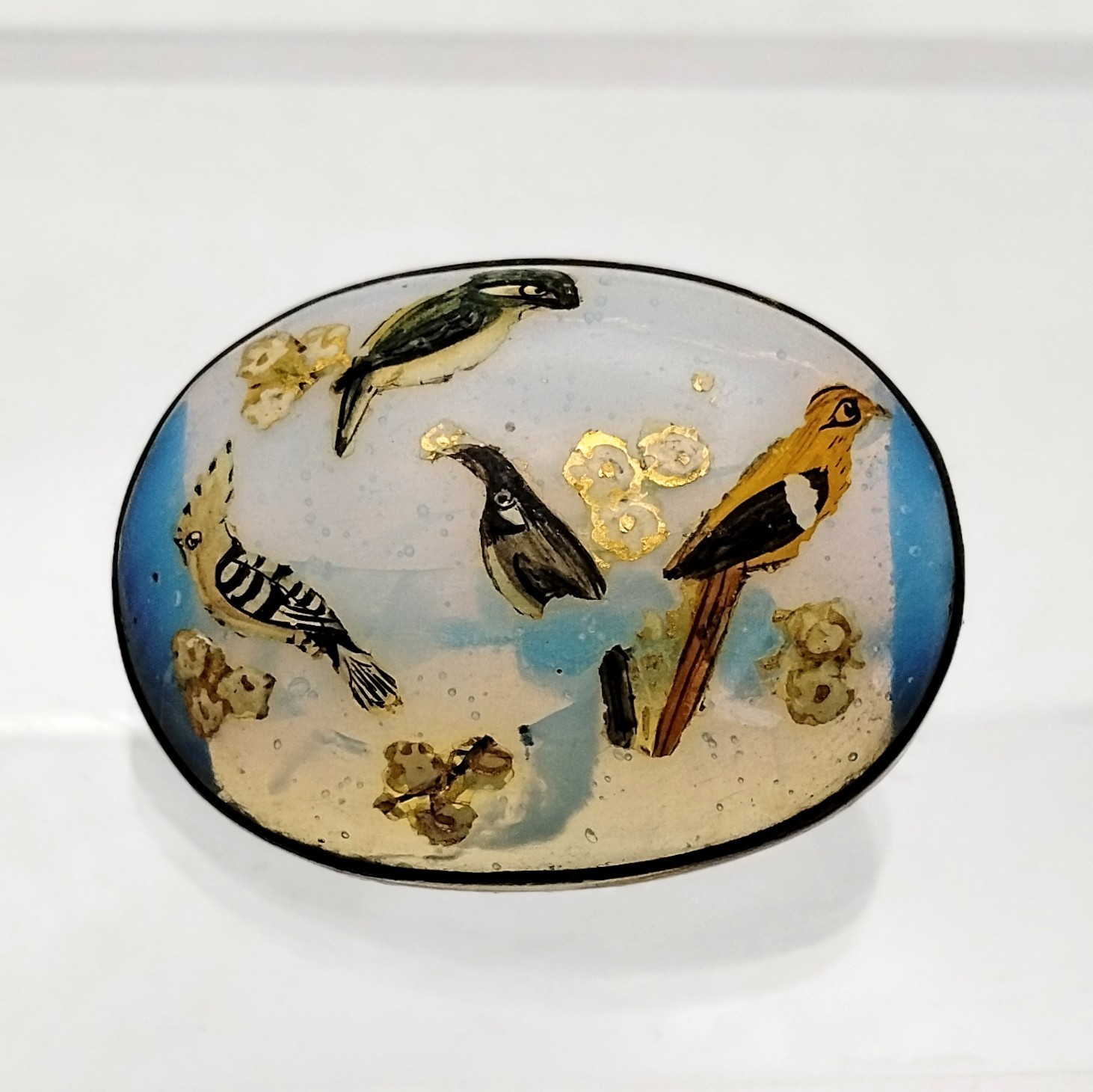 Antique Opalescent Glass Brooch Hand-Painted Birds C Clasp Victorian 1.5″