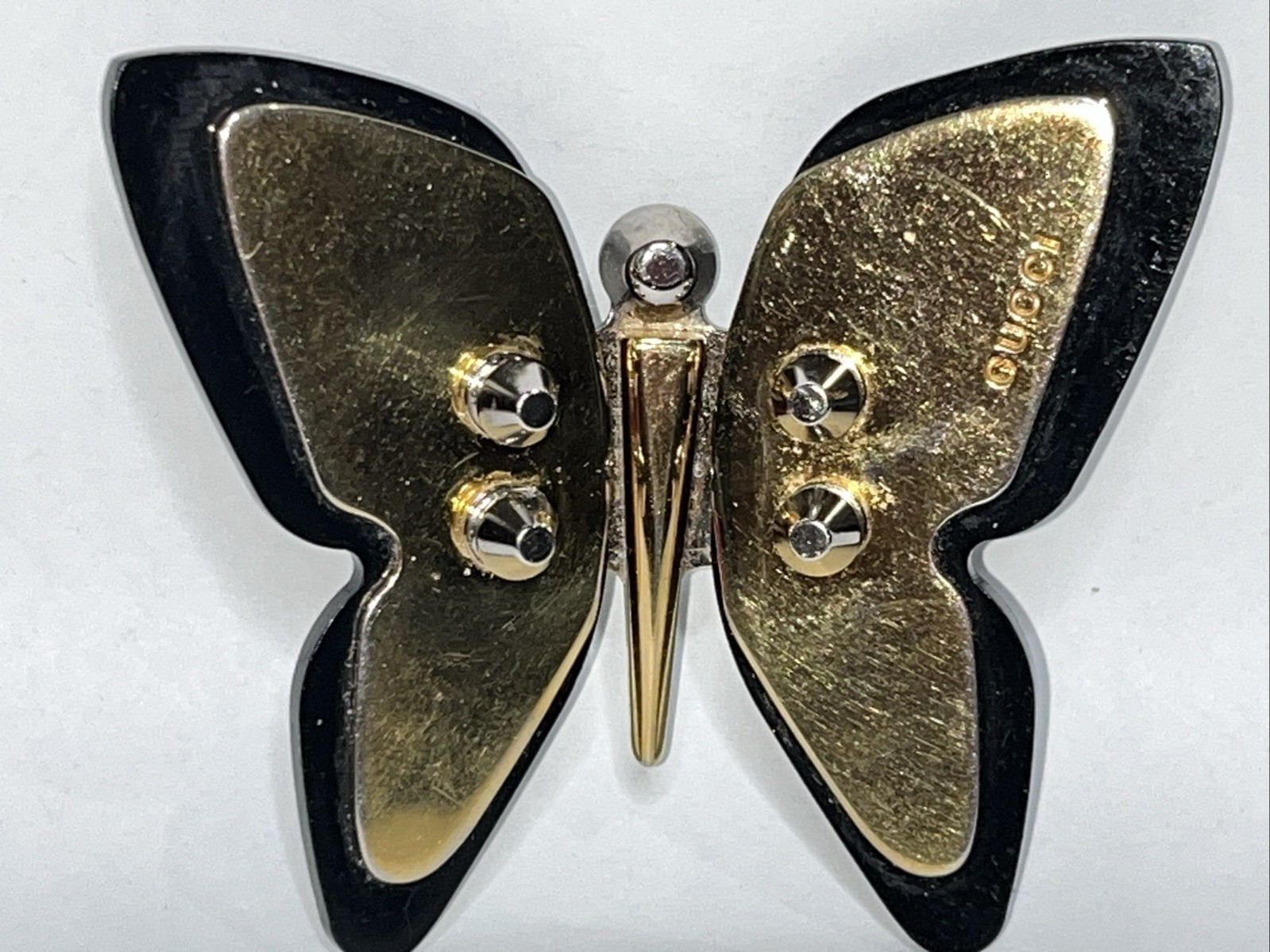 BUTTERFLY BROOCH PIN Layered Gold-Tone Metal & Black Acetate Resin 2.75″ READ
