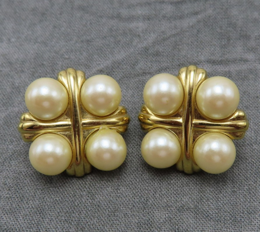 Givenchy Vintage Earrings White Pearl Gold Cross .75 inch Chunky Studs 846f