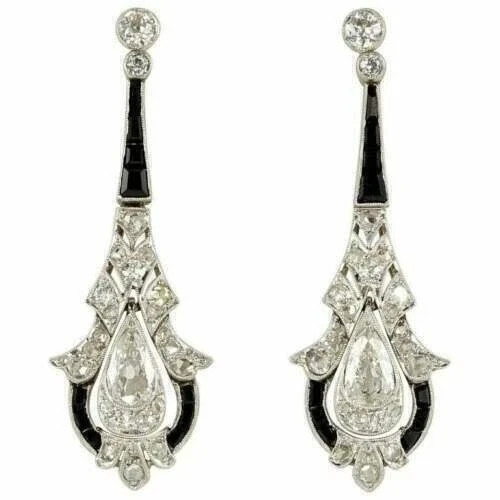 Art Deco Style Pear Cut Lab Created Diamond Wedding 14K White Gold FN Earrings
