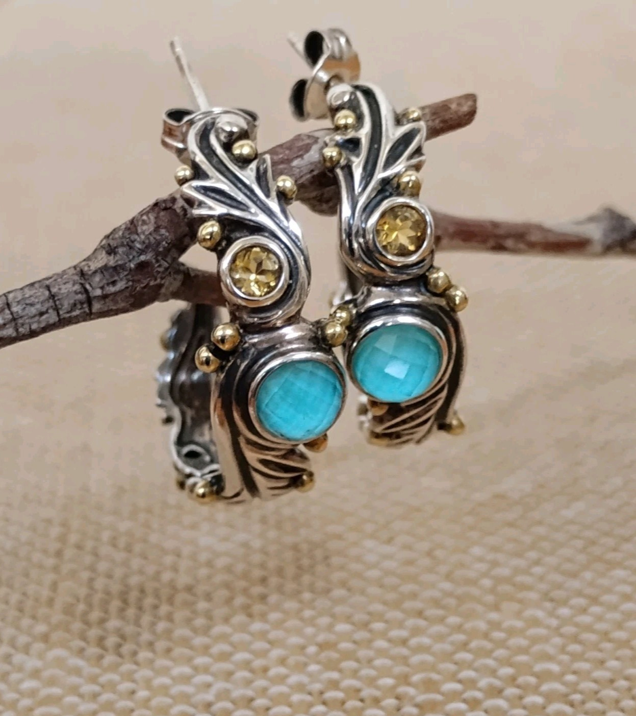 Rare Echo of the Dreamer Sterling Silver Bronze Turquoise Citrine Hoop Earrings
