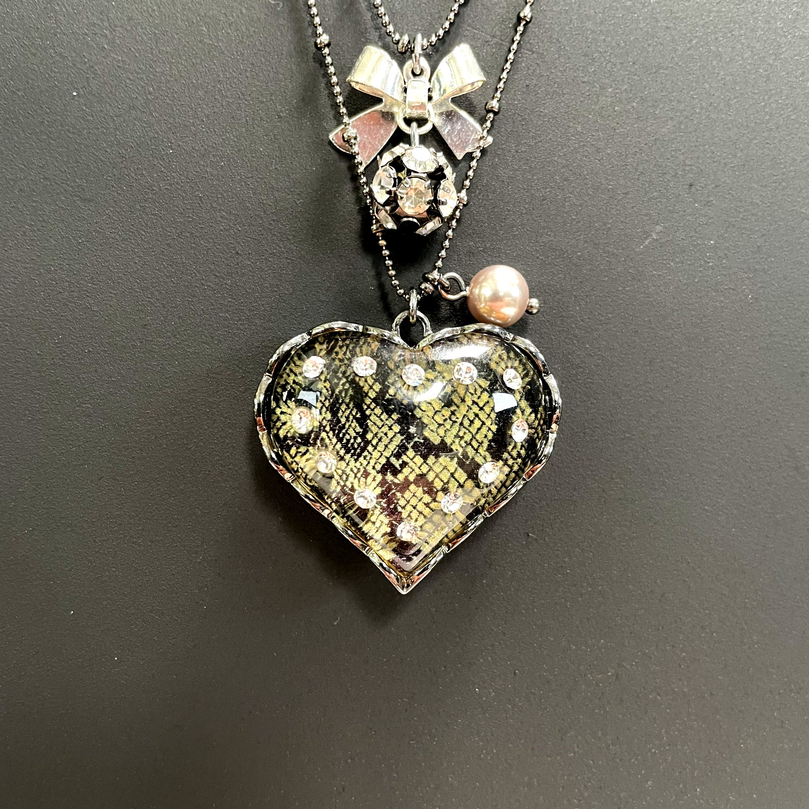 Gothic Betsey Johnson Snake Pattern Glass Heart & Bow Rhinestone Dual Necklace
