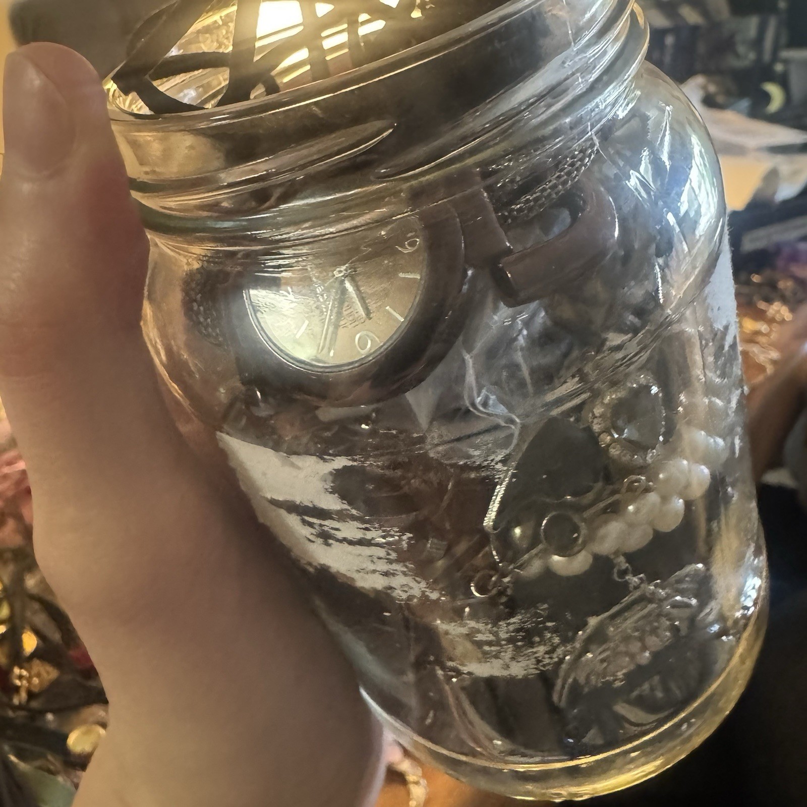 Huge Gothic Vintage Jewelry Jar Silver Tone Pearls Victorian Dark Romantic Mix