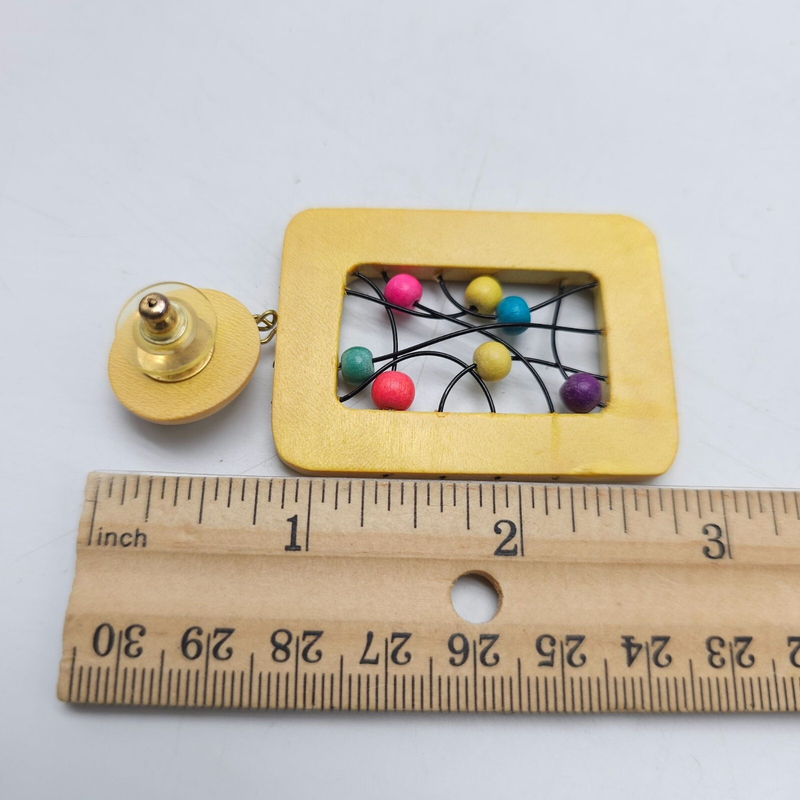 Vintage 1980s Yellow Wooden Rectangle Earrings With Colorful Bead Accents