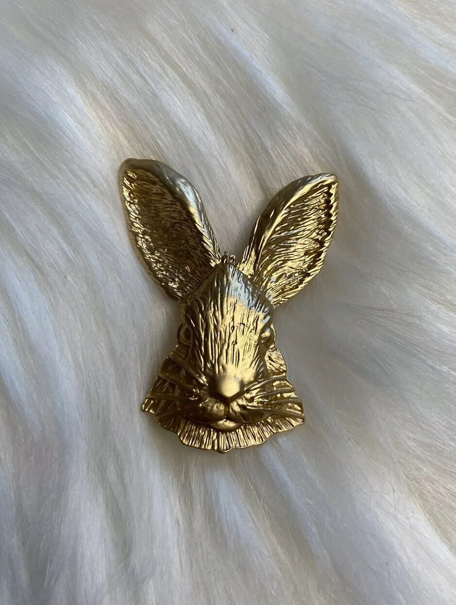 Easter Bunny Brooch RABBIT HEAD Pin brushed goldtone Statement Jewelry New