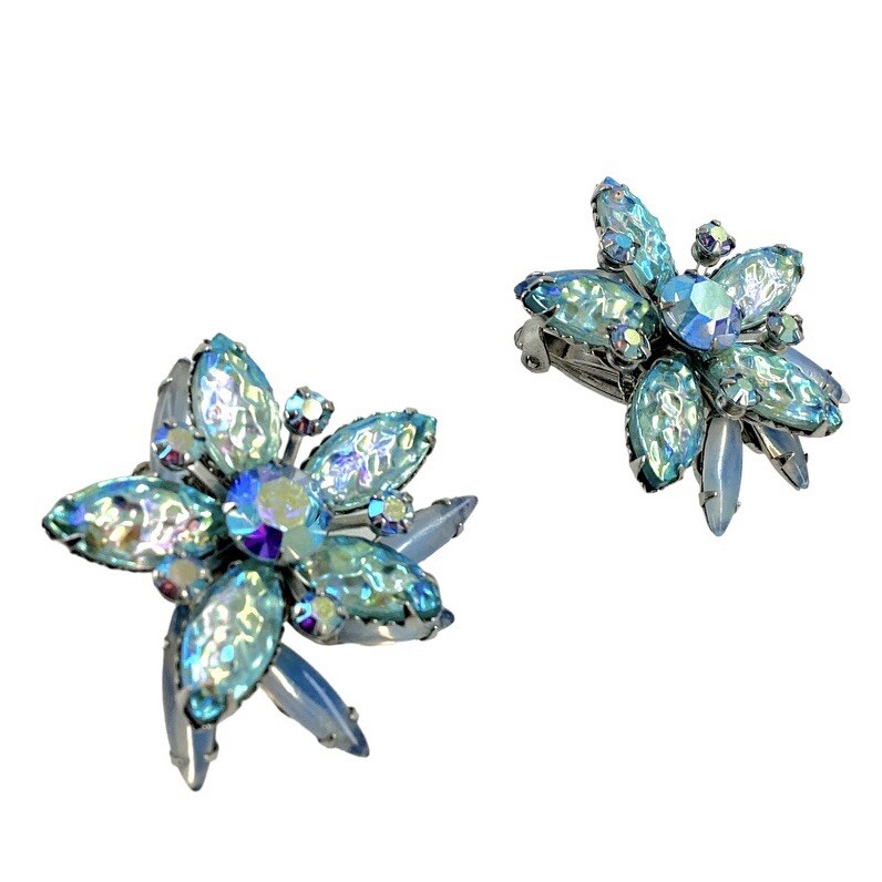 Vintage Judy Lee Blue Iridescent Glass Floral Clip Earrings AB Rhinestone 1960s