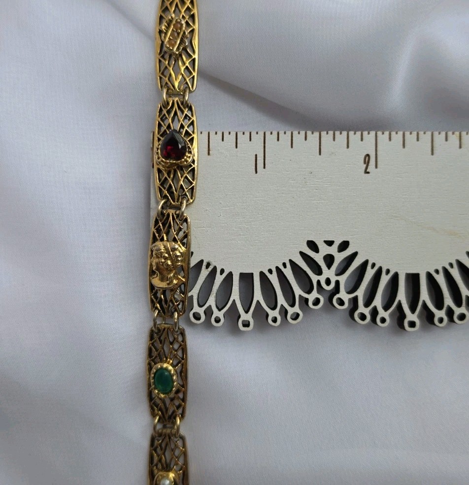 1960s Goldette NY Multi-Stone Gold Tone Bracelet 7.25″ Lattice Links