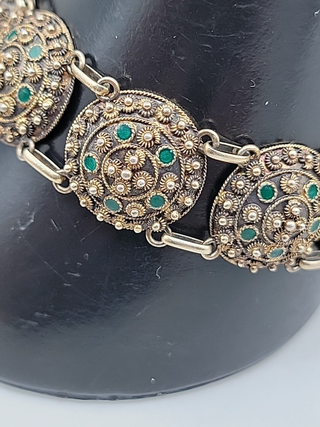 Antique Dutch 833 Silver Filigree Bracelet Green Glass Art Deco S-Hertogenbosch