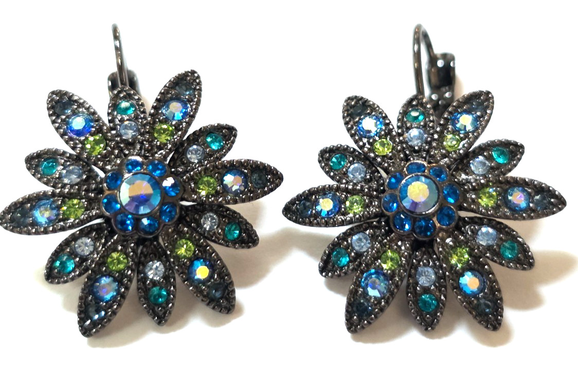 4 piece Joan Rivers Swarovski Crystals & Enamel Blue Flowers Brooch earrings pin