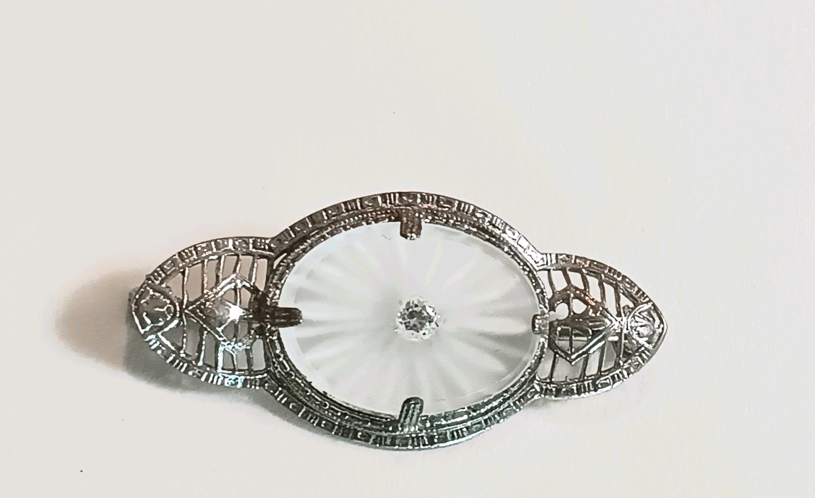 Antique Vtg Camphor Glass Brooch Bar Pin Oval Filigree Silver Tone