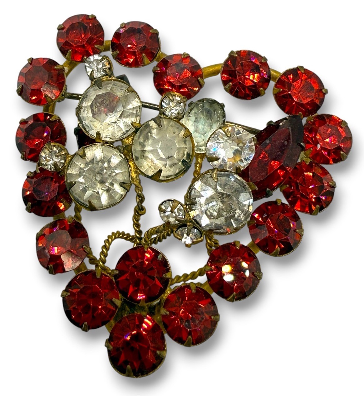 Vintage 50s 60s Czech Ruby Red Glass Rhinestones Heart Valentines Brooch Pin