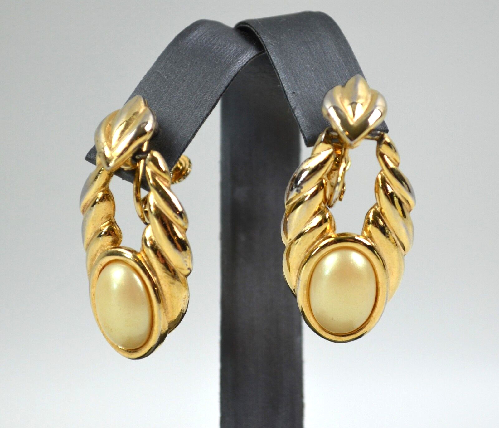 Vtg Gold Tone Clip On Twist Earrings w/ Faux Pearl Dangle Door Knocker 1.75″