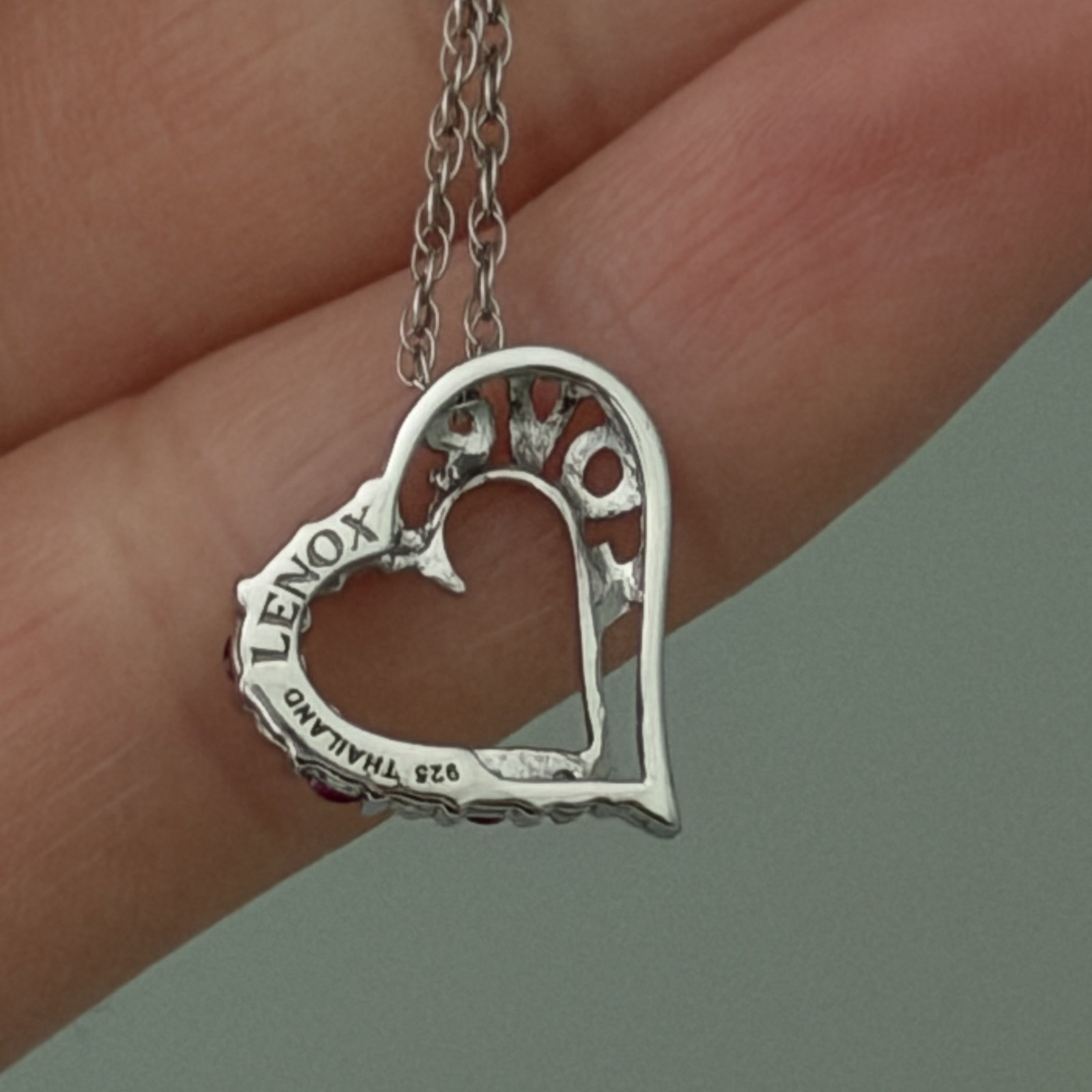 Lenox 925 Sterling Silver Vintage Ruby & CZ Open Heart Love Dainty Necklace 18″