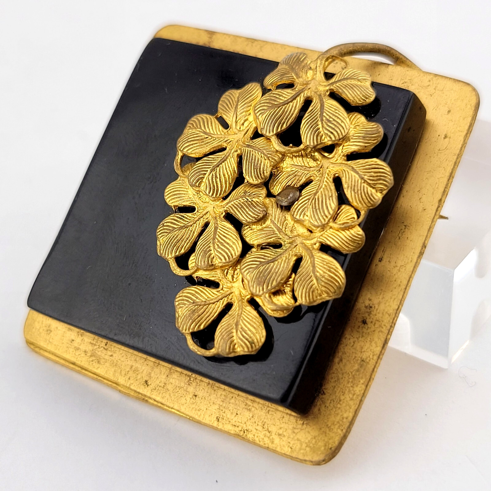 Antique Art Nouveau Gold over Brass Flower Black Glass Statement Runway Brooch