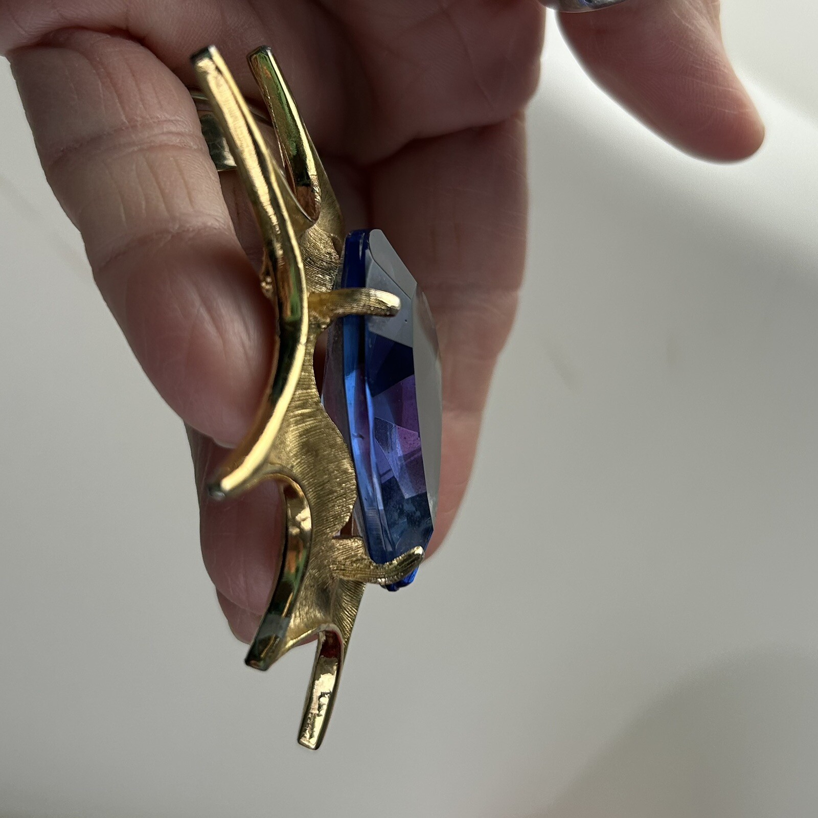 Atomic Blast Brooch Pin Signed BSK Gold Tone Blue Stone Starburst Vintage MCM