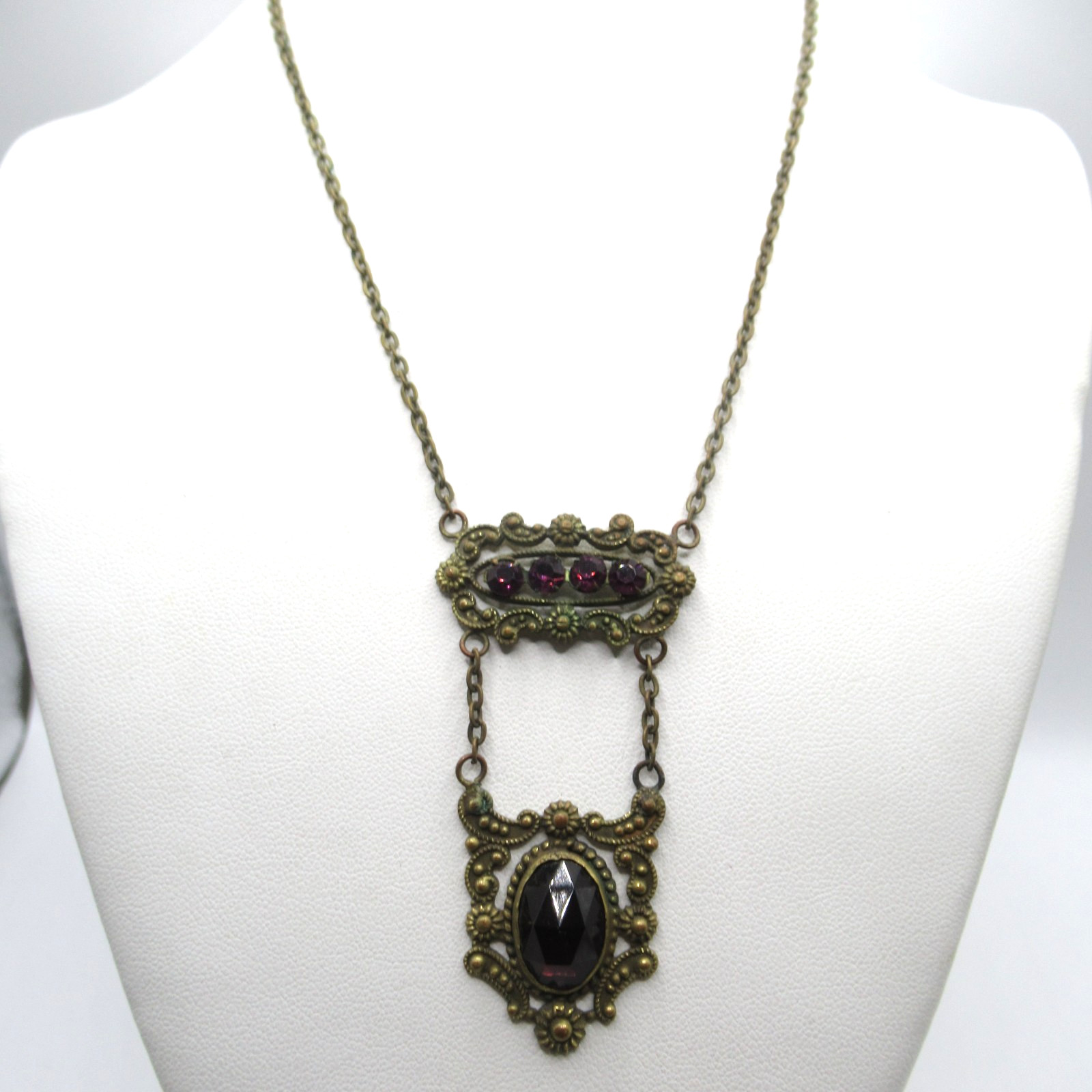 Art Deco Purple Glass Necklace Brass Vintage Floral