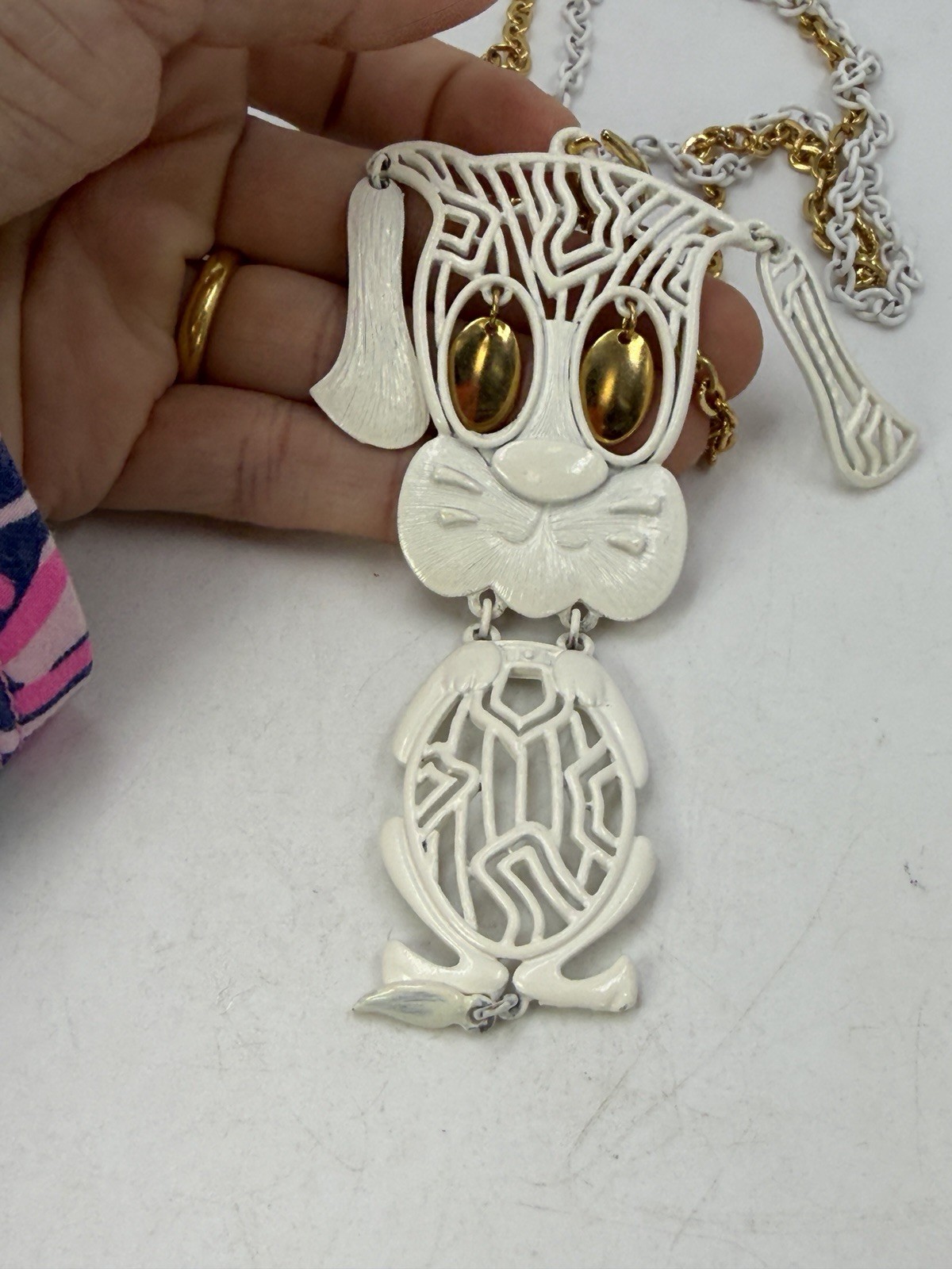 Vintage Necklace Dog Pendant Articulated White Dangle Chain 24 In Signed Alan