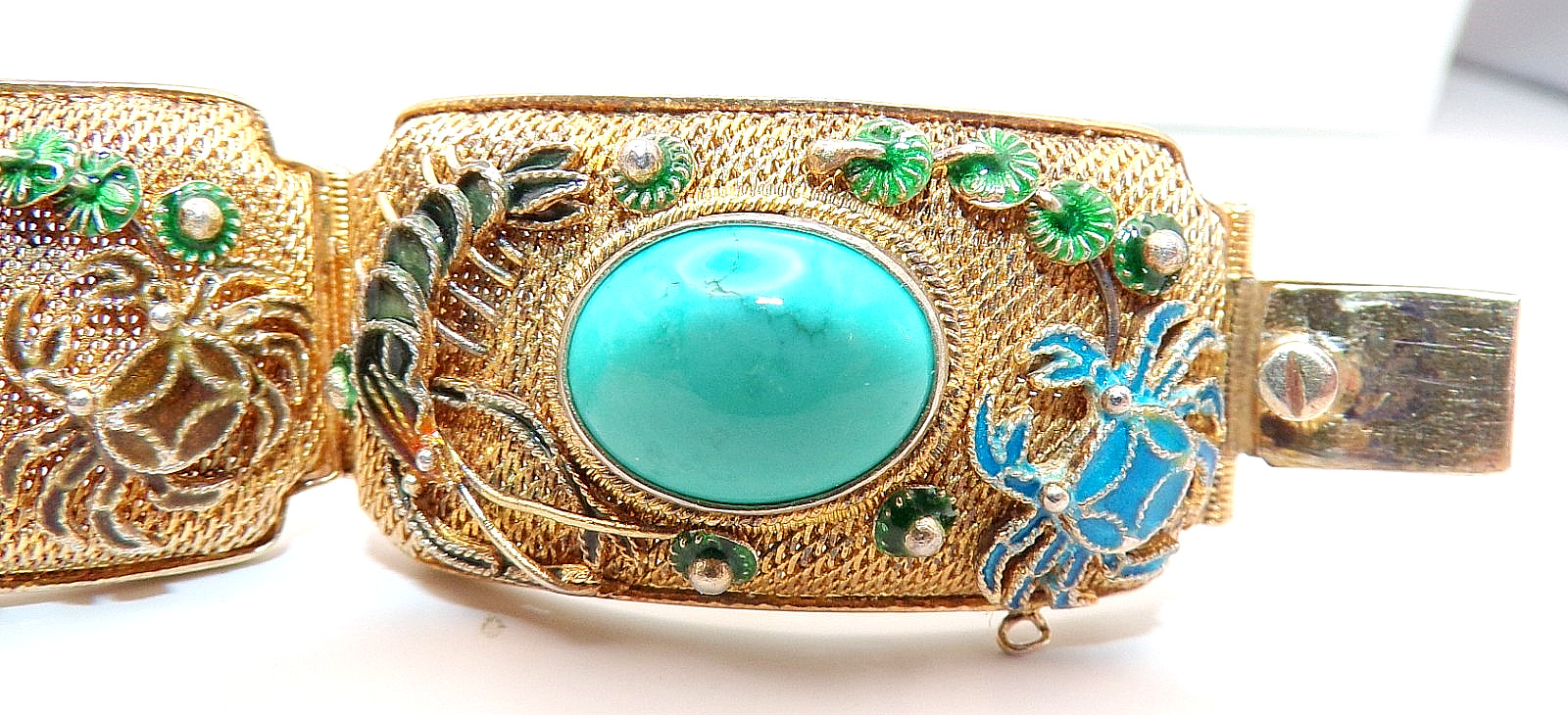 GORGEOUS CHINESE STERLING SILVER 5 Link FILIGREE ENAMEL CORAL Bracelet 7.5″ Long