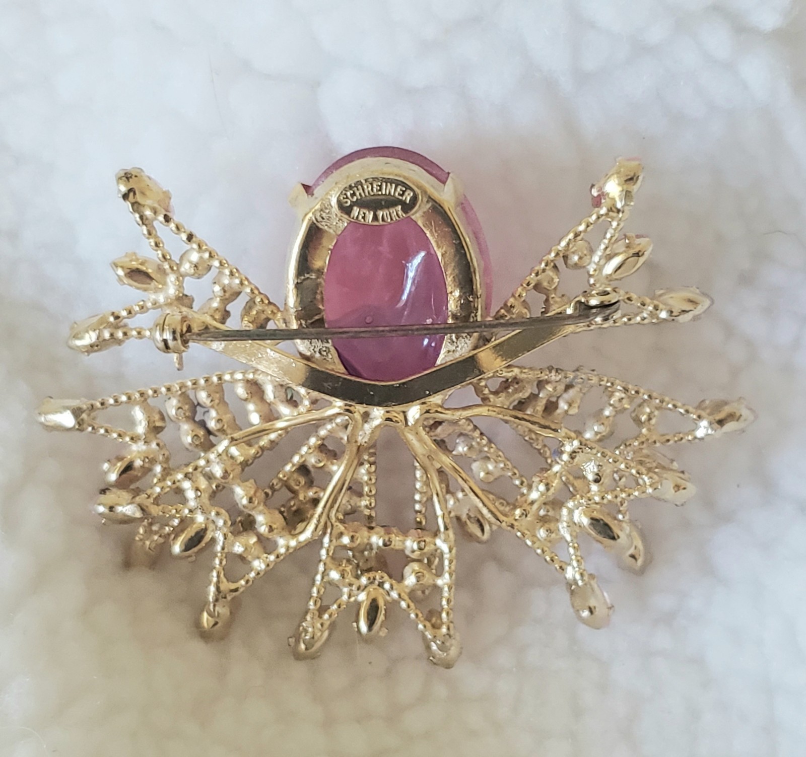 Signed SCHREINER Pink Cabochon Art Glass Coral Peridot Brooch Clip Earrings