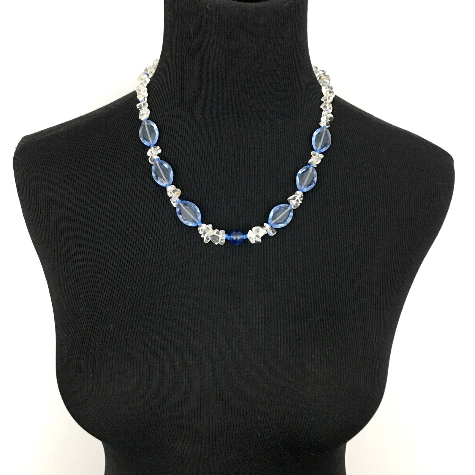 QUARTZ jewelry set – necklace & earrings -clear stone chips & blue glass beads
