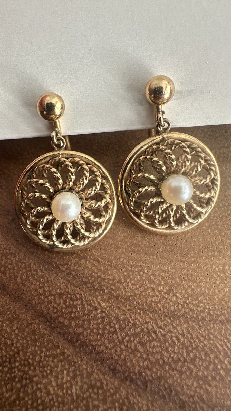 Vintage Faux Pearl 12k Gold Filled Screw Back Dangle Drop Round Earrings MCM