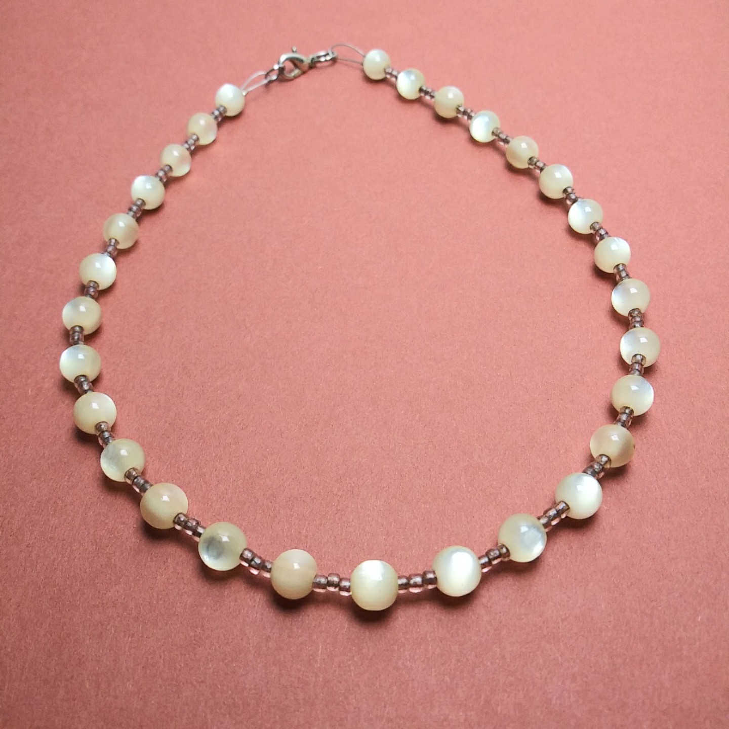 Moonglow Lucite & Glass Bead Choker Necklace 14″ Handmade Vintage Beads