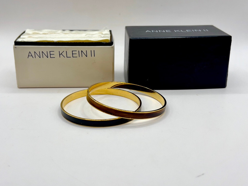 Anne Klein II Bangle Bracelets Vintage in Original Box Gold Tone Black and Brown