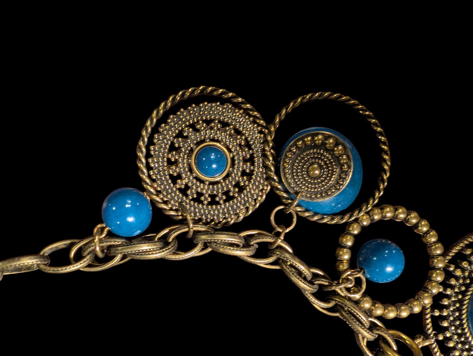 Antique PILGRIM Brass Blue Cabochon Bohemian Y2K Vintage Necklace