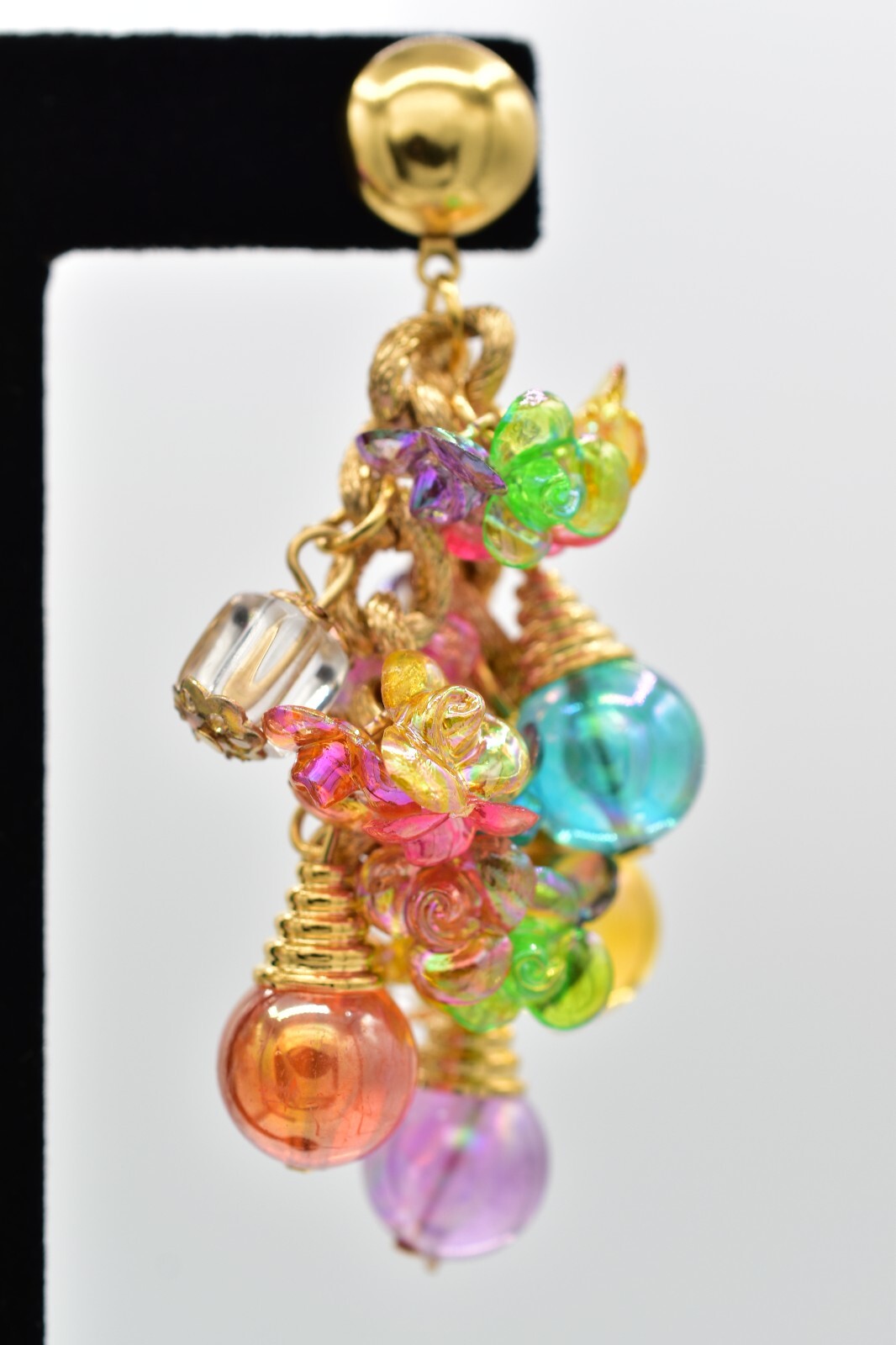 Vintage Ornament Beaded Dangle Earrings Chain Multi-Color Lucite Chunky NOS A28