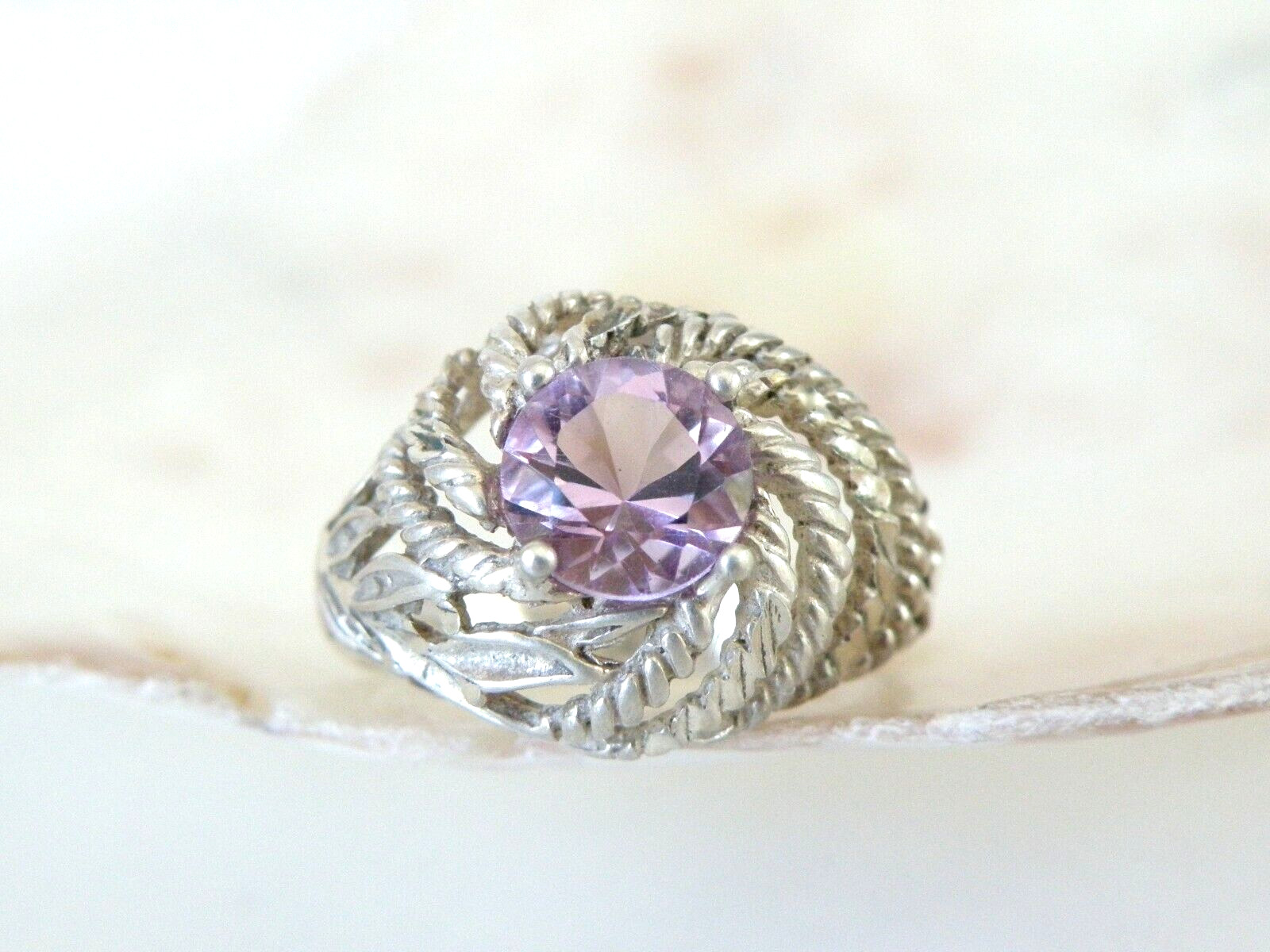 Vintage Sterling Silver 925 Heated Pink Amethyst Vine Pinky Ring Size 6.5