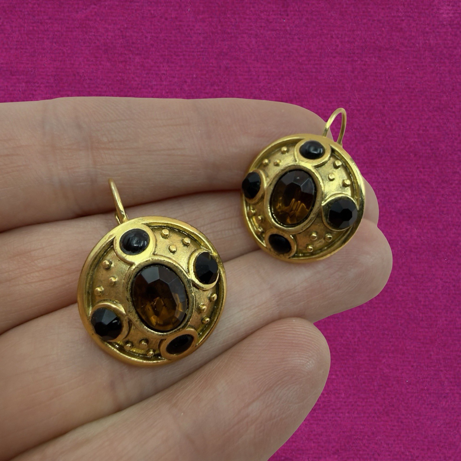 Vintage SIGNED Edgar Berebi ▪️ Etruscan Revival Amber Rhinestone Gold Earrings