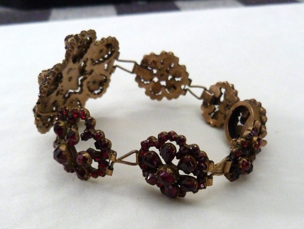1 5/8″ WIDE ANTIQUE VINTAGE BOHEMIAN GARNET GOLD GILT STERLING SILVER BRACELET