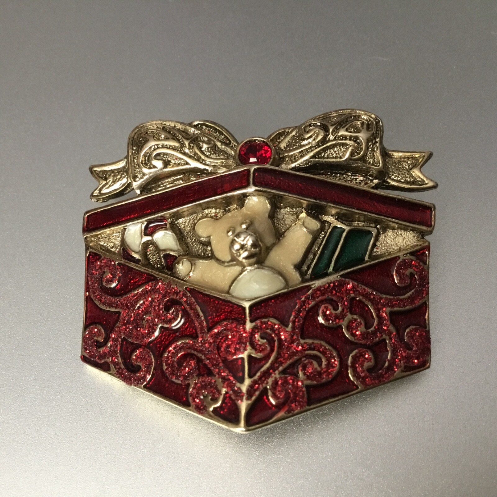 Christmas Teddy Bear in Gift Box Pin Victorian Style Gold Tone & Red Enamel
