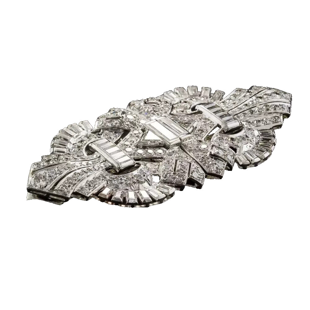 Art deco Geometric design Brilliant cut diamond Brooch pin in 925 Silver